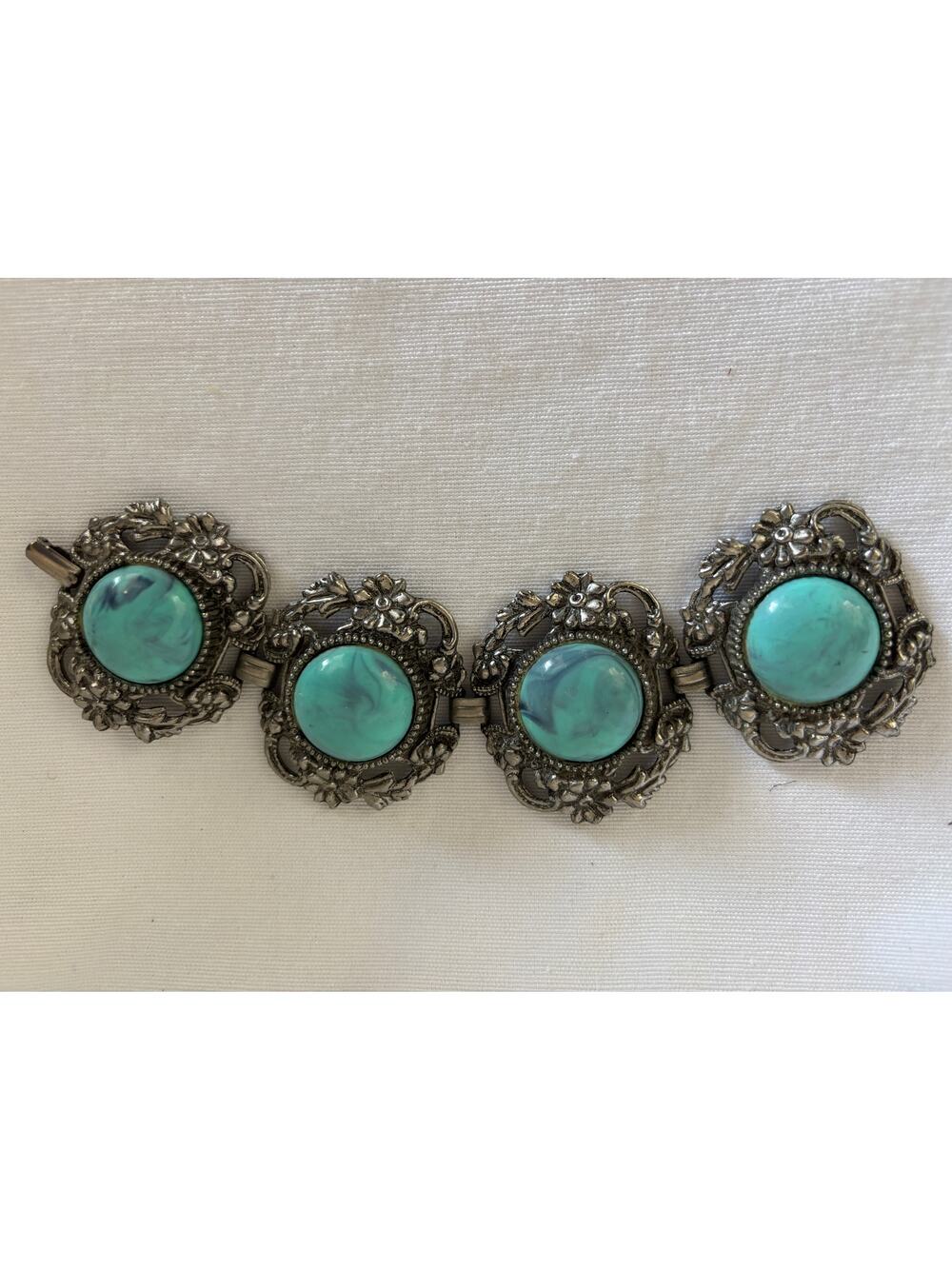 1950's CHUNKY FAUX TURQUOISE FLORAL SILVER TONE Statement BRACELET